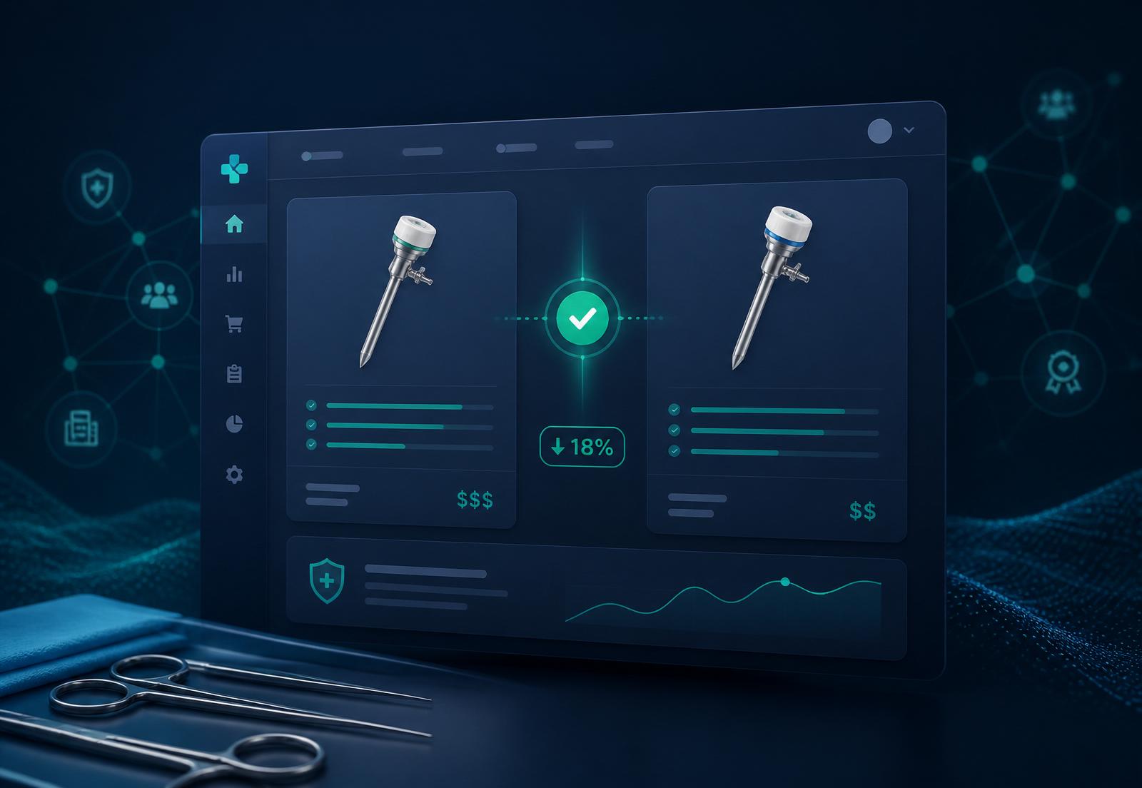 ClinicalCommerce comparing two clinically equivalent surgical consumables with a verified savings badge